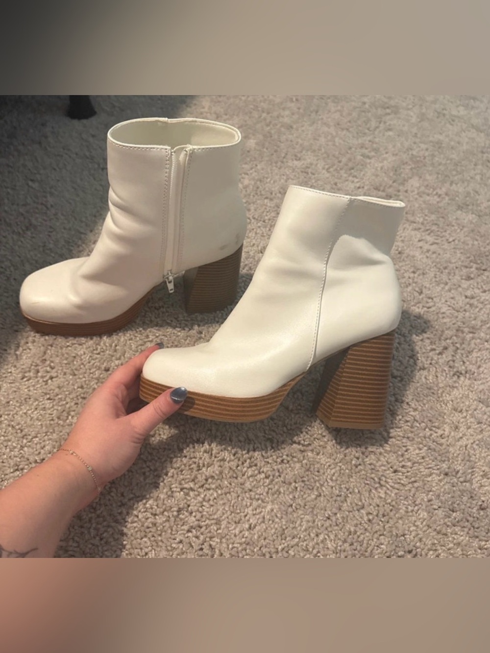 Sugar White Platform Ankle Boots with Stacked Wood-Tone Heel